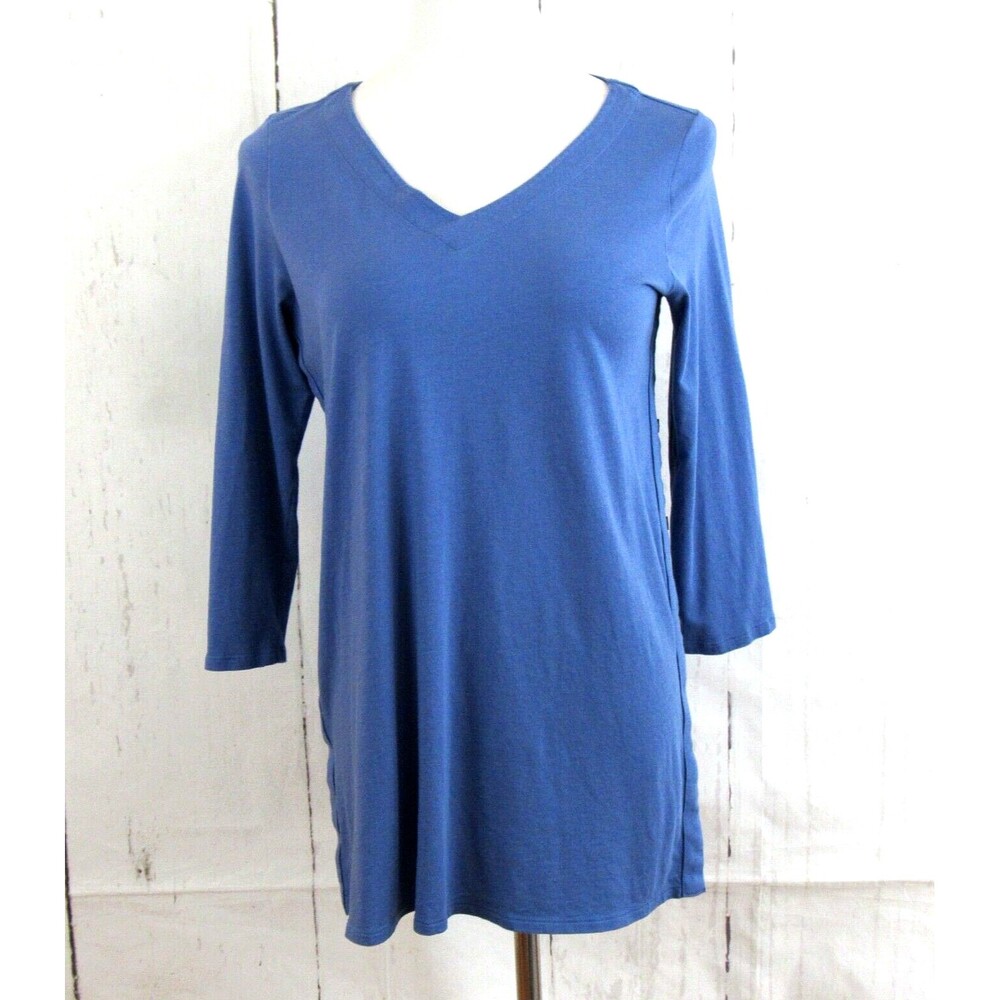 J. Jill Women's Knit Top 3/4 Sleeve V-Neck Side Button Accents Blue Size Small